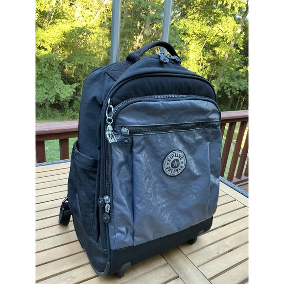 Kipling Gaze Large Metallic Rolling Backpack Cloudy Grey Black with Monkey Charm - Picture 1 of 14